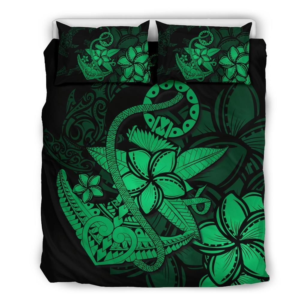 Alohawaii Bedding Set – Cover And Pillow Cases Hawaiian Anchor Plumeria Hamerhead Shark Polynesian – Green – Ah J9