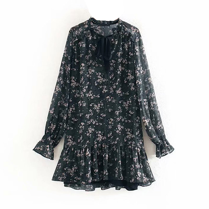 Women Ruffle Bow Tie Mini Floral Print Dress Vintage Long Sleeve Casual Loose Pleated Dress Ruffles Party Dress Vestidos alx