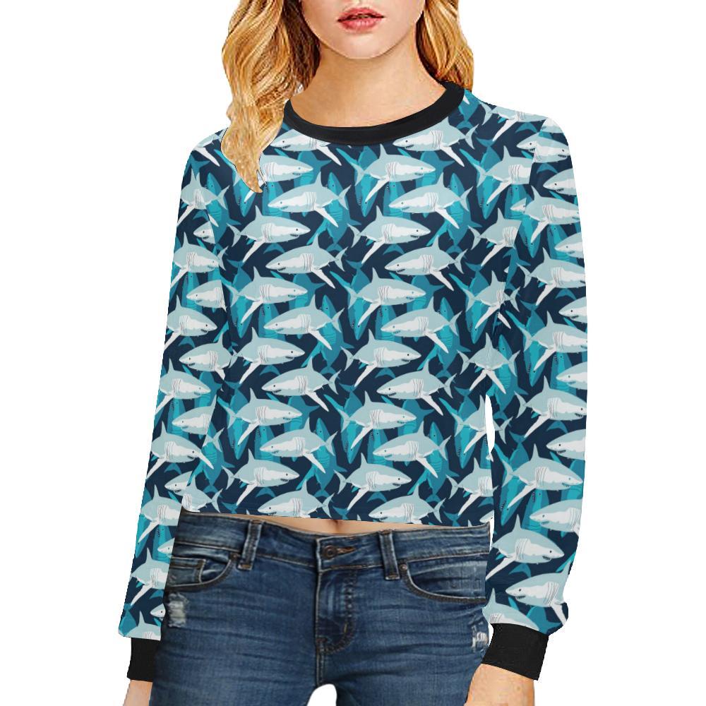 Shark Design Print Cropped Pullover Sweatshirt