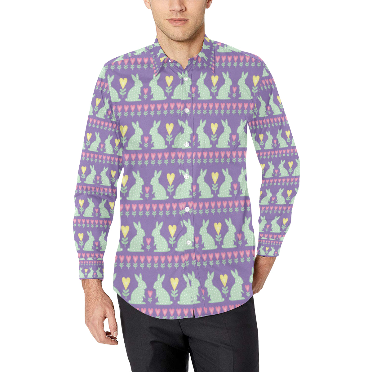 Rabbit Pattern Print Design Rb01 Long Sleeve Dress Shirt