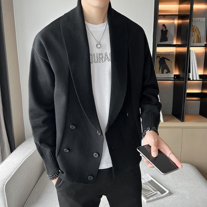 2022 Double-Breasted Cardigan Sweater Men Spring Clothes Knitted Sweater Coat Pure Color Men Casual New Slim Fit Brand Clothes alx