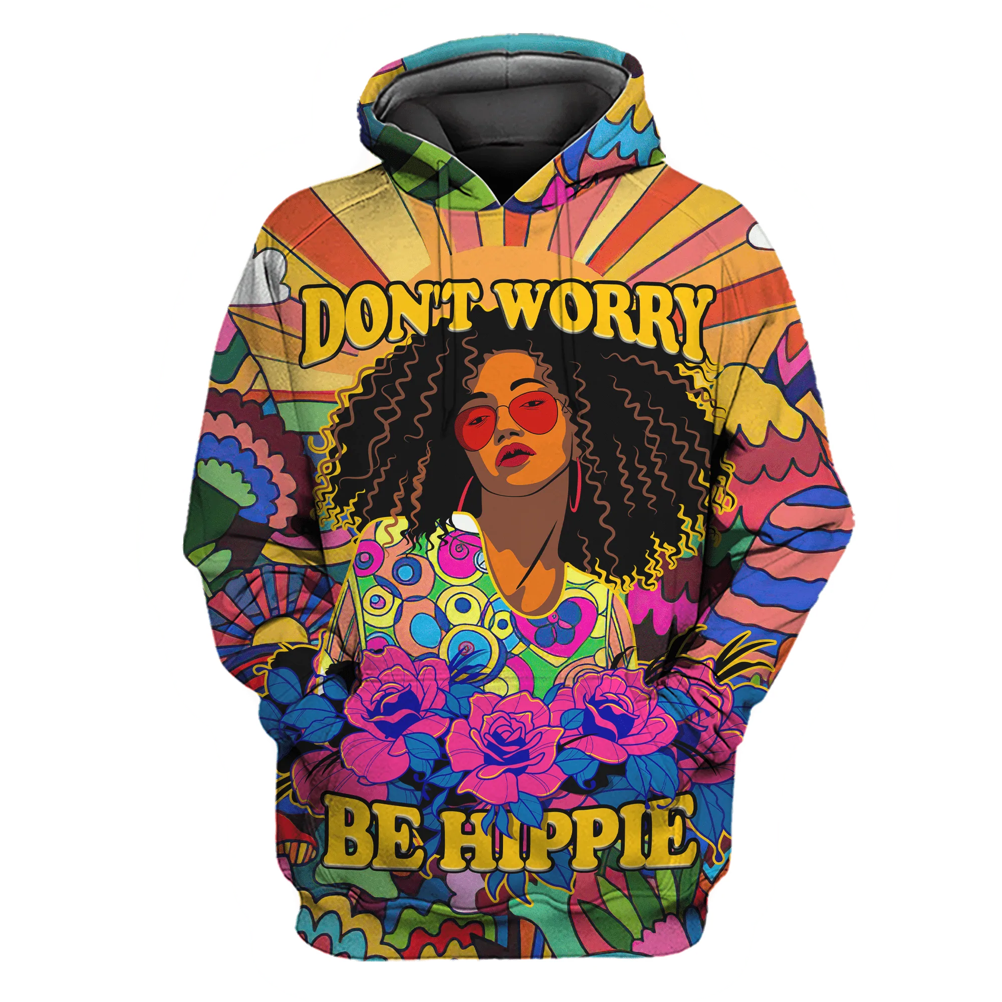 3D Hippie Hoodie Flower Pattern Don’T Worry Be Hippie All Over Printed Hoodie, Hippie Girl Gift