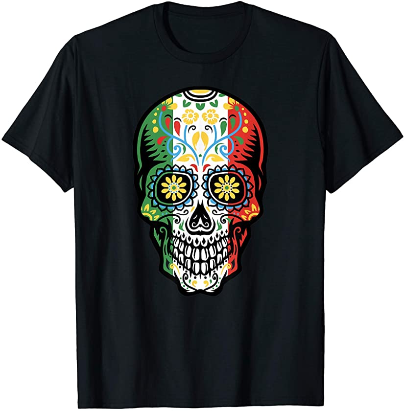 Sugar Skull Cinco de Mayo Mexican Flag T-Shirt