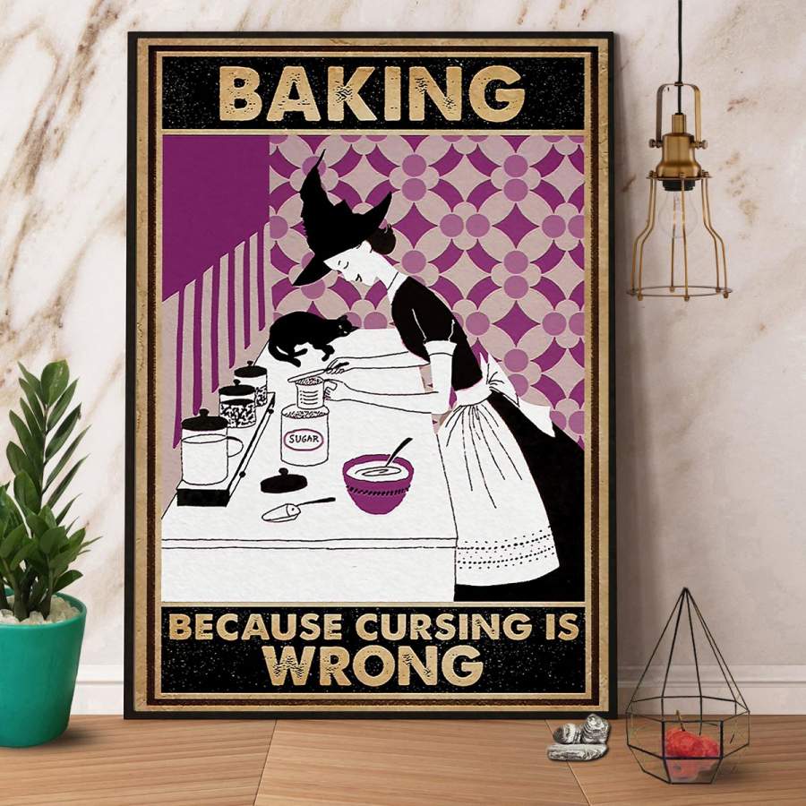 Cat & witch baking because cursing is wrong Halloween paper poster no frame/ wrapped canvas wall decor full size