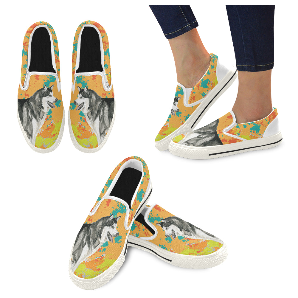 Alaskan Malamute Water Colour No.2 White Women’s Slip-on Canvas Shoes/Large Size (Model 019)