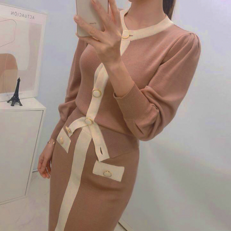 2020 Autumn Korean Knitted Color-blocked Two Piece Sets Women Long Sleeve Cardigan + Elastic Waist Long Skirt Suits Outfits alx