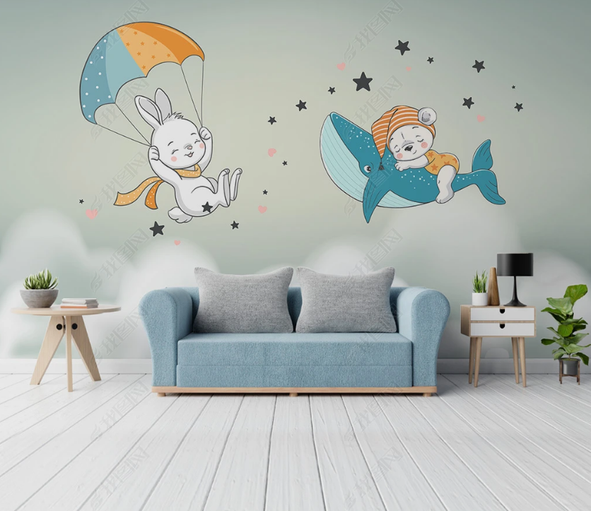 3D Cartoon Animal Dolphin Rabbit Wall Mural Wallpaper Lqh 69