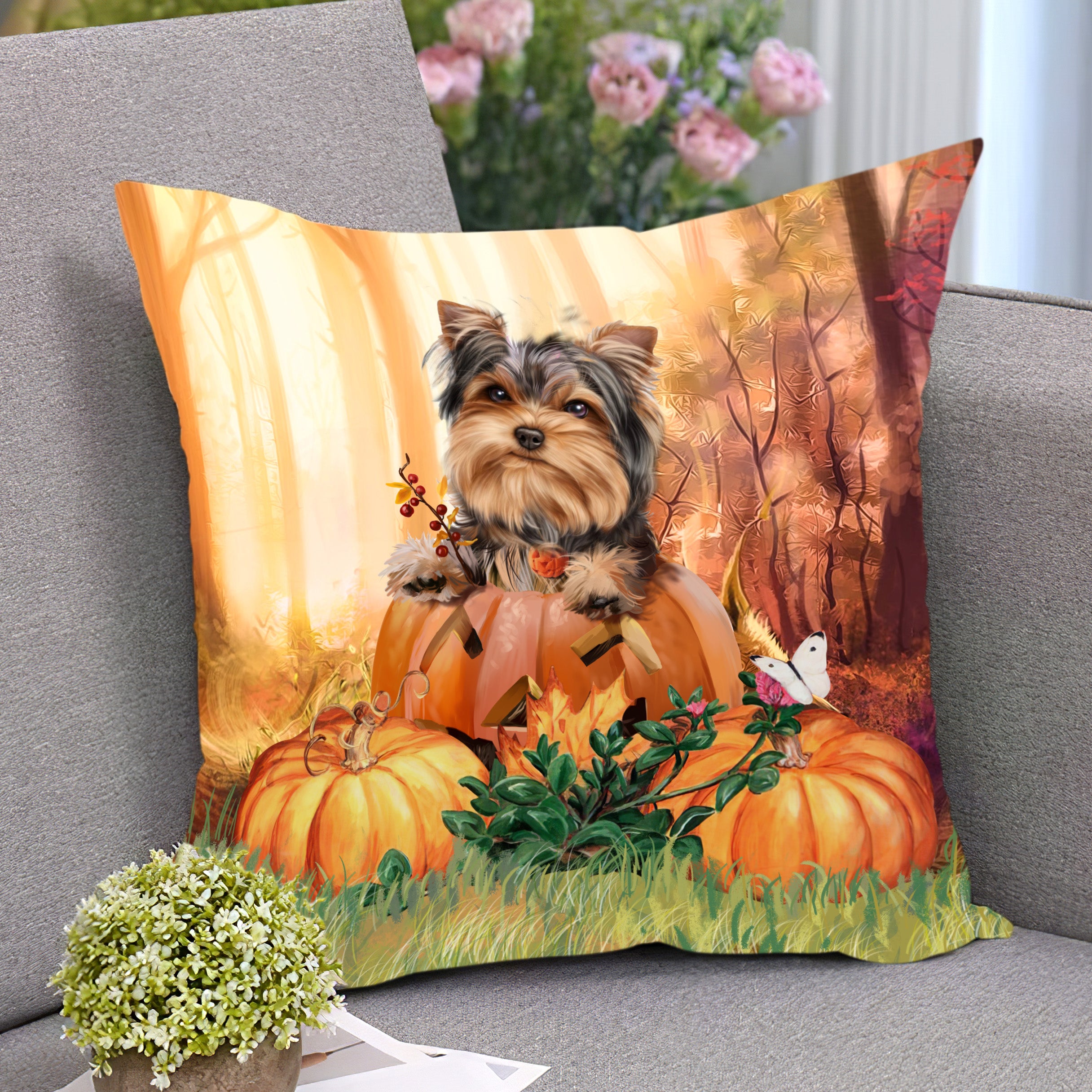 Yorkshire Terrier And Awesome Halloween Pumpkins Yorkshire Terrier Aop Pillow