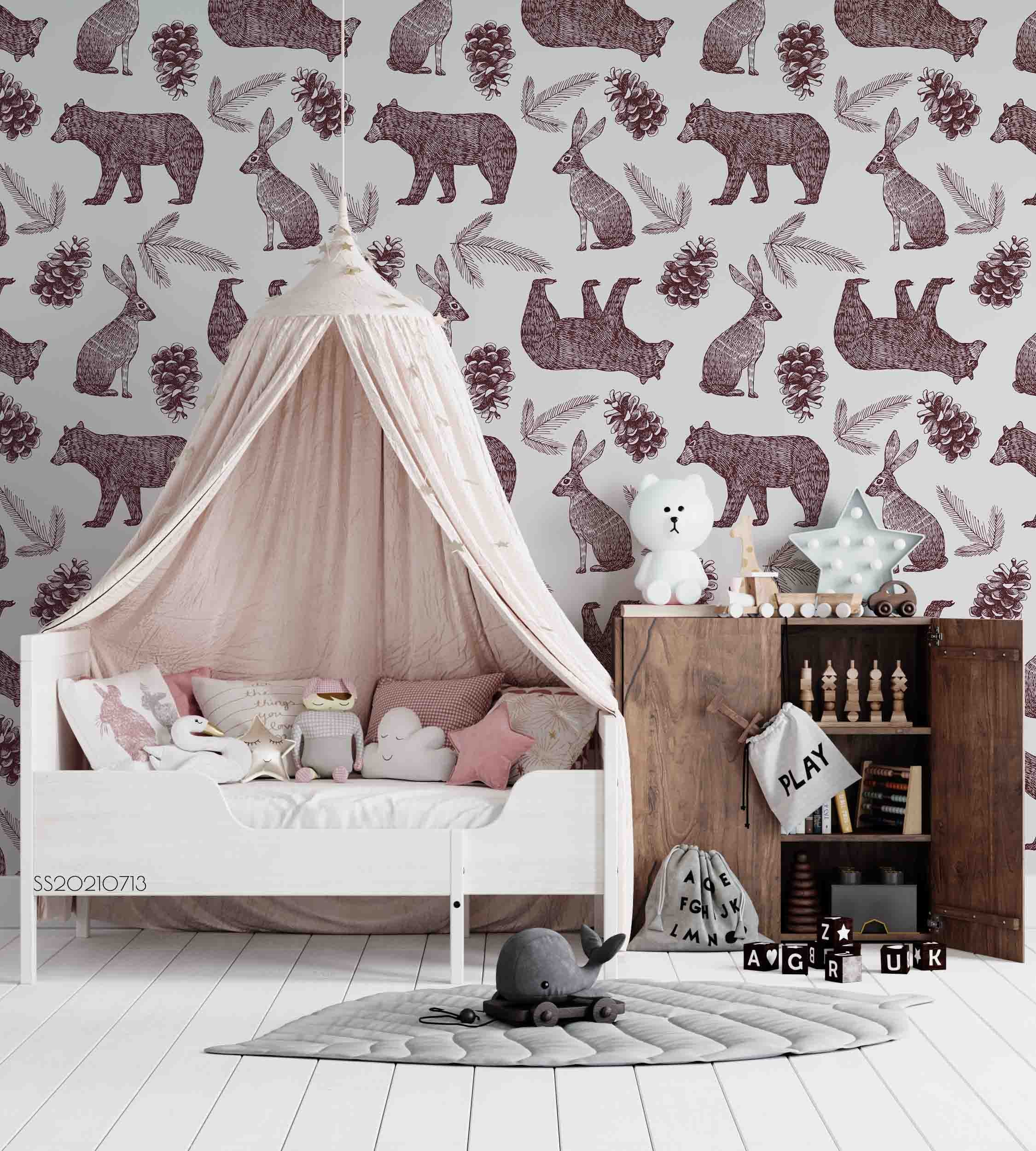 3D Hand Drawn Animal Bunny Bear Pine Cone Wall Mural Wallpaper Lqh 219