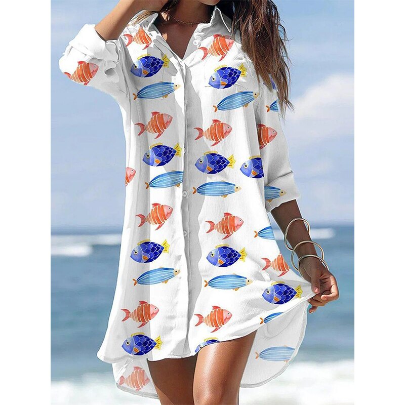 Spring Summer 2022 Fashion Print Irregular Pocket Shirt Mini Dress Women’s Casual Lapel Loose Button Long Sleeve Beach Sundress alx