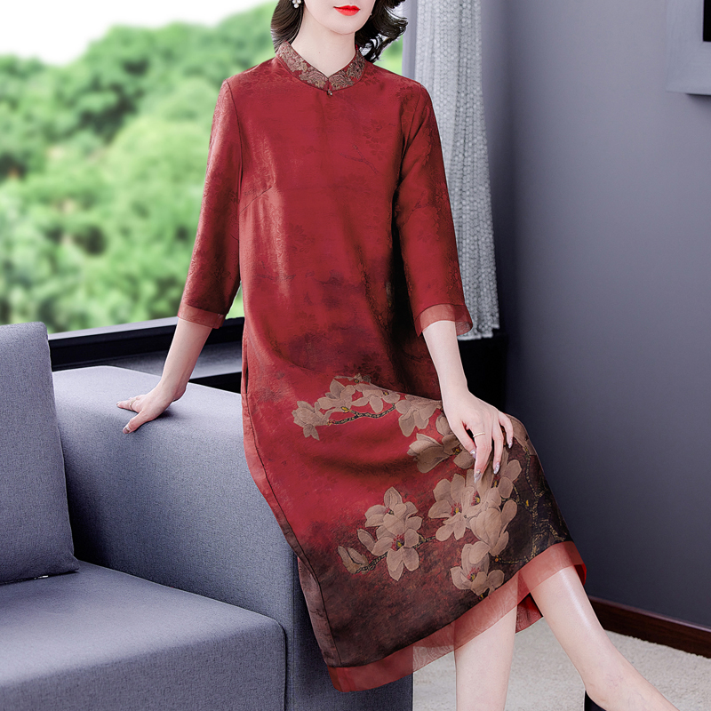 Spring Autumn High Quality Red Floral Natural Silk Midi Dress 2022 Korean Vintage Casual Dress Women Elegant Loose Waist Dress alx