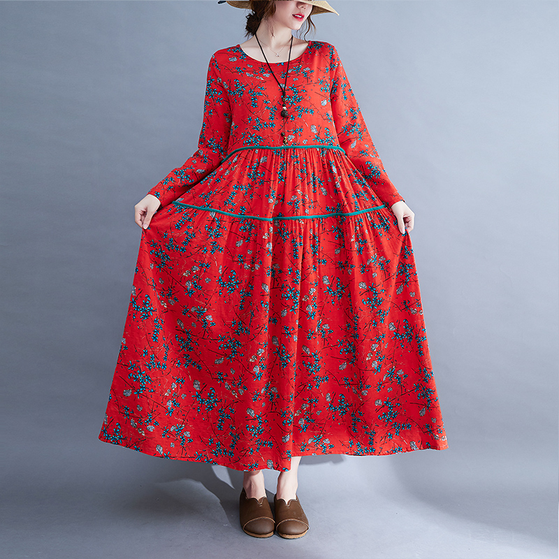 2022 New Arrival Thin Soft Cotton Linen Long Sleeve Autumn Dress Print Floral Chinese Style Red Dress Women Casual Spring Dress alx