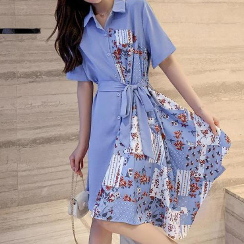 Street Style Print Patchwork Button Asymmetrical Dresses Summer 2022 Short Puff Sleeve Polo-Neck Tunic Midi Dress Women Clothing alx