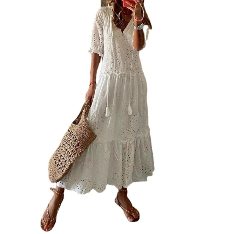 Solid Maxi White Dress Summer Elegant Long Dress Women Vintage Casual Dresses Lace Hollow Out Cotton Female Clothing Office Wear alx