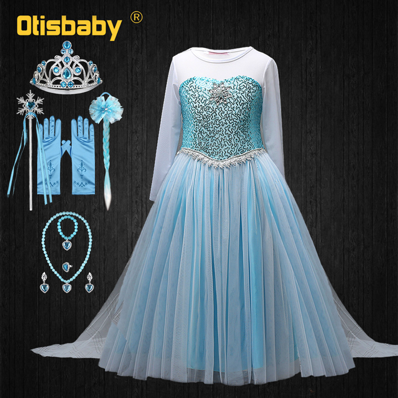 Summer Party Girls Fancy Fairy Long Sleeve Tulle Dress with Long Tail Fantasia Elsa Princess Dress Snow Queen Kids Elza Dress Up alx