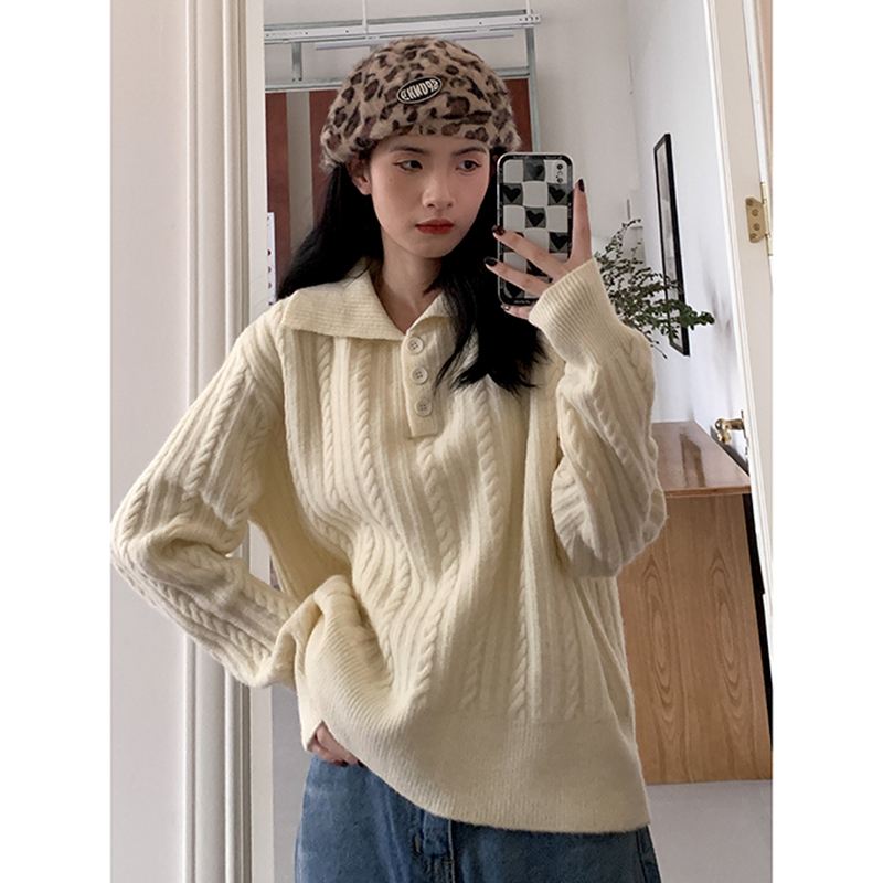 Women’s Vintage pullover Knitting Sweater Long Sleeve Casual Fashion Simplicity polo collar apricot Baggy Ladies Tops Autumn alx