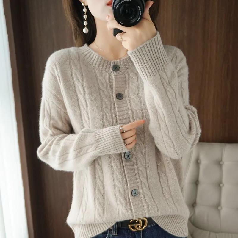 Autumn Winter New Imitation Wool Cardigan Tops Women Diamond Single-Breasted Hoodie Outwear Loose Knit Sweater Coat Retro Jacket alx