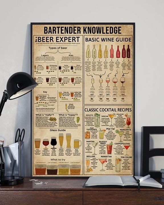 Bartender Knowledge Beer Expert Basic Wine Guide Classic Cocktail Recipes poster canvas poster canvas