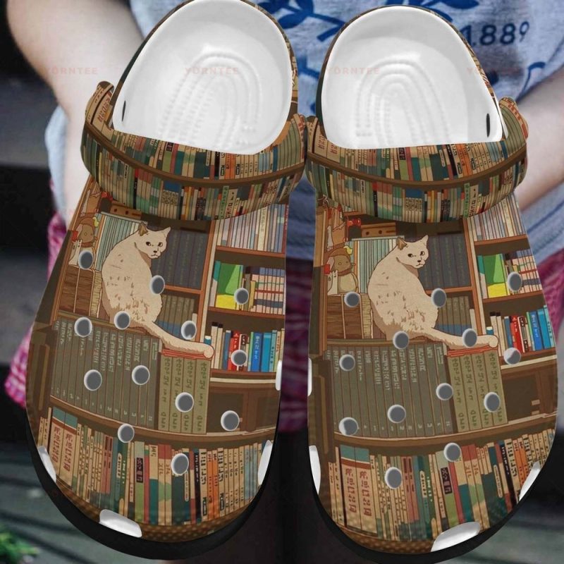 Bookshelf And White Cat Gift For Lover Rubber clog Shoes Comfy Footwear