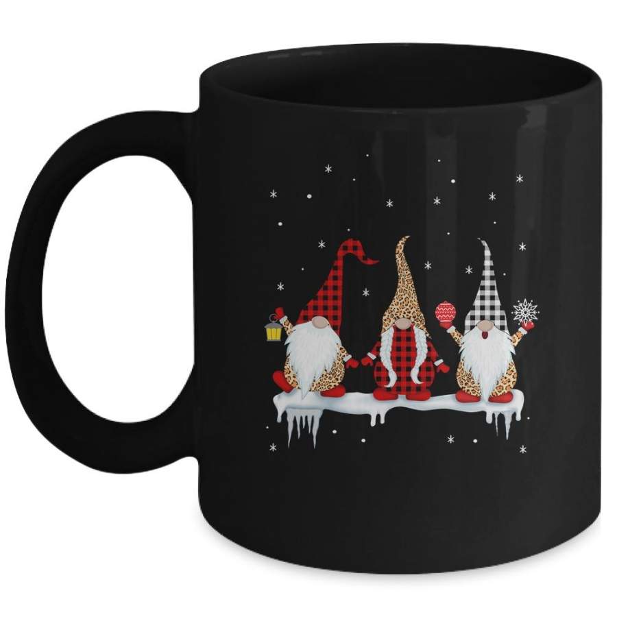 Three Gnomes In Leopard Printed Buffalo Plaid Christmas Gift Mug