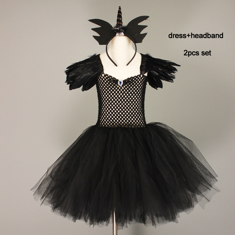 Black Dark Angel Girls Tutu Dress V-neck Train Girls Pageant Evening Party Ball Gown Fancy Dresses Kids Halloween Witch Costume alx