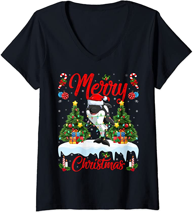 Womens Orca Fish Lights Xmas Tree Santa Orca Christmas V-Neck T-Shirt