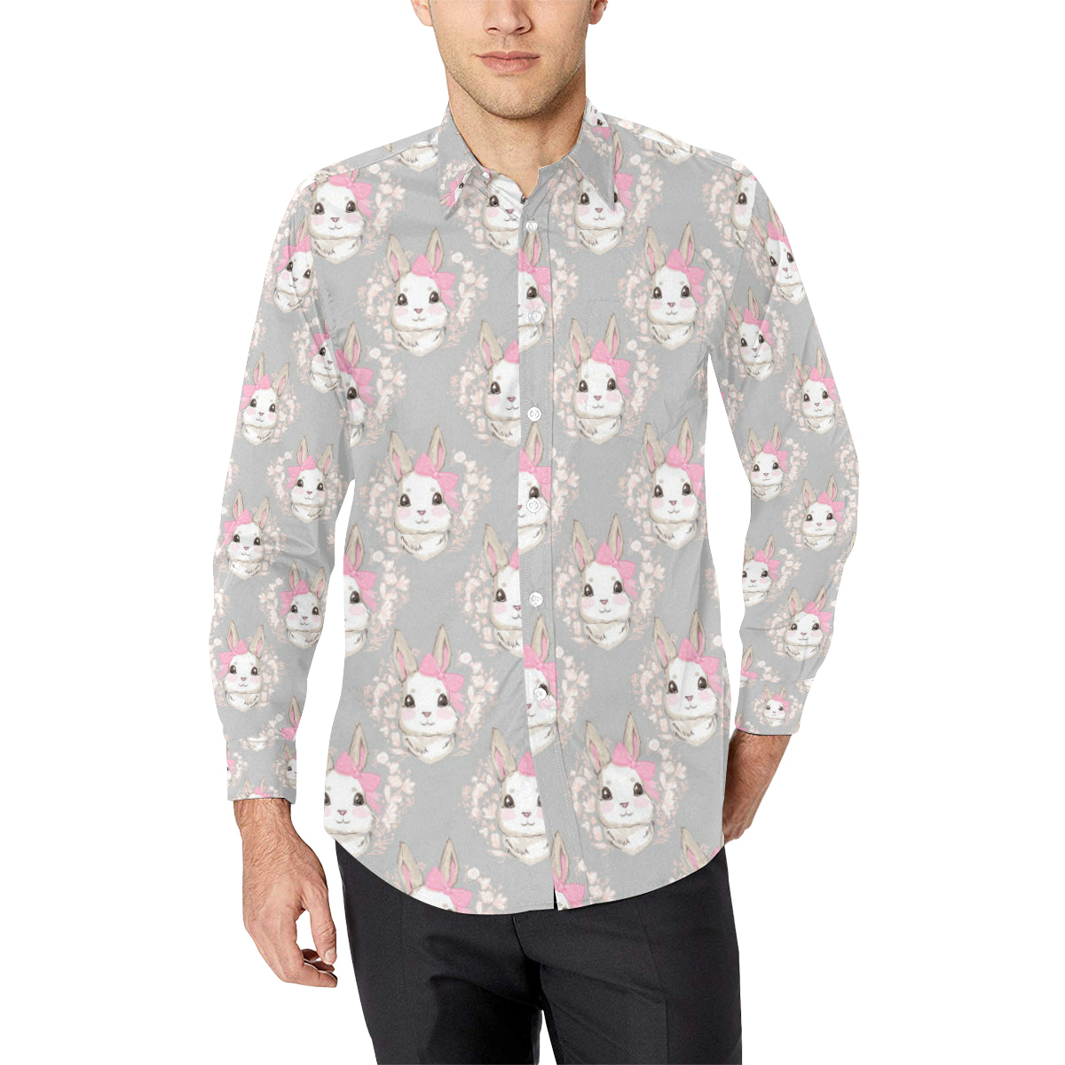 Rabbit Pattern Print Design Rb07 Long Sleeve Dress Shirt