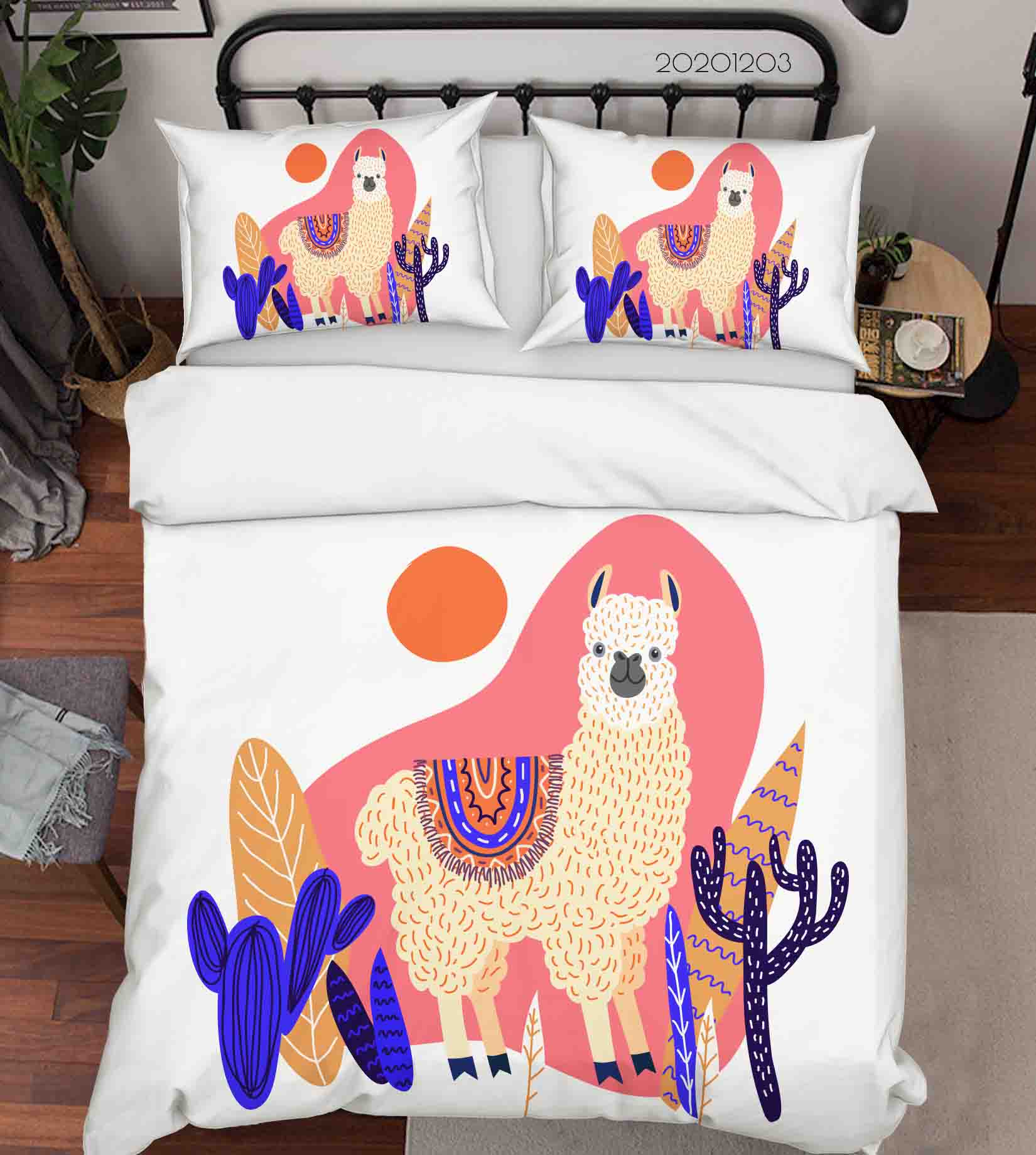 3D Cartoon Cute Fine Art Blue Cactus Alpaca Illustration Animal Quilt Cover Set Bedding Set Duvet Cover Pillowcases Lxl