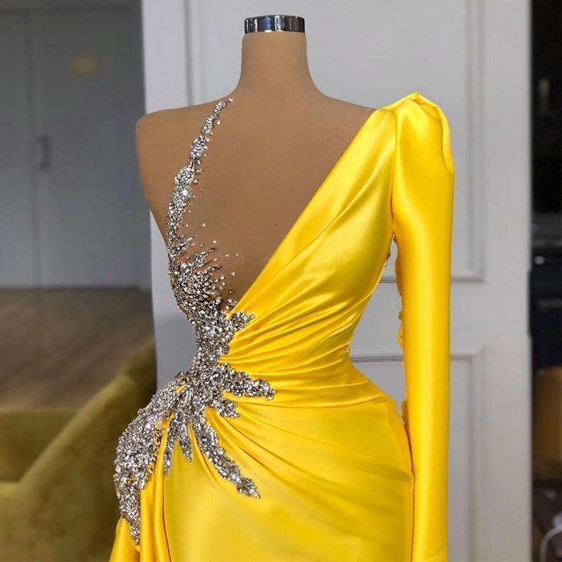 платье Gold Yellow One Shoulder Long Sleeve Prom Dresses Sexy Illusion Beading Chic Party Dress Long vestidos Zipper Back alx