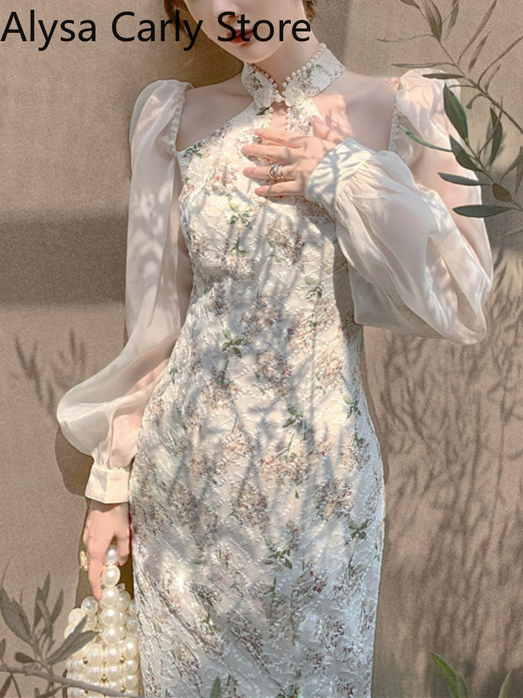 Vintage Elegant Cheongsam Dress Women Floral Embroidery Design Party Fairy Dress Female 2022 Spring Court Retro Long Split Dress alx
