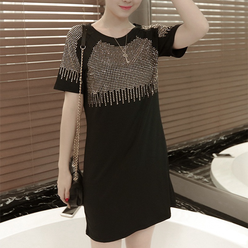 Women Summer Dresses 2022 Fashion Casual Short Sleeve Vestidos Sexy Rivet Diamonds Dress Shirt Loose Black Dress Plus Size XXXL alx