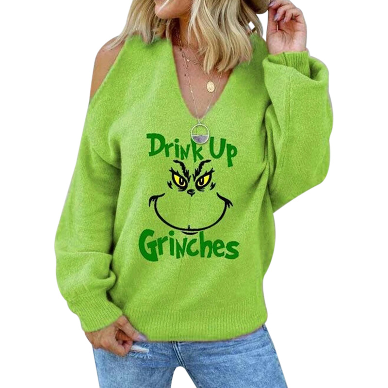 Women’s Christmas Sweater Drink Up Grinches Printed Long Sleeve Off Shoulder Sweater BMF88 alx