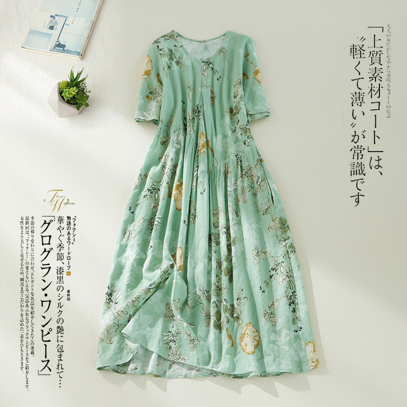 Thin Light Cotton Linen Soft Loose Vintage Summer Dress Print Floral Holiday Outdoor Travel Style Women Casual Midi Dress alx