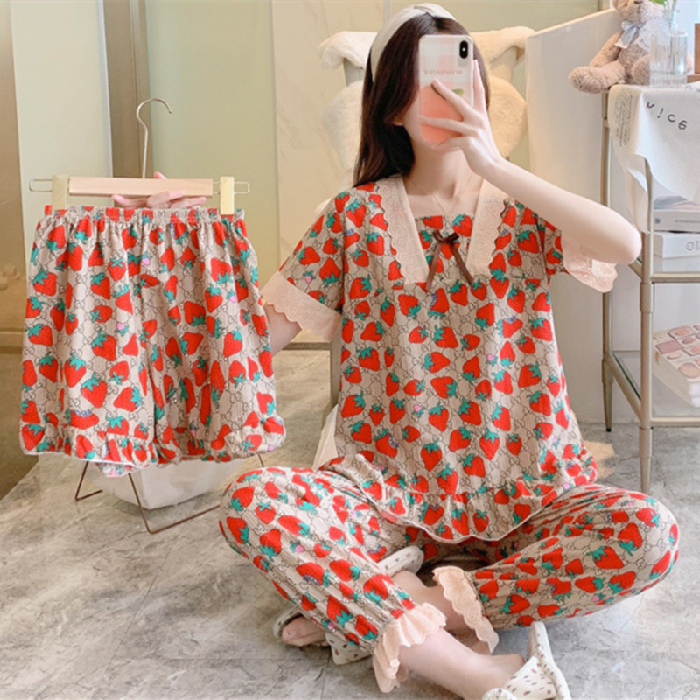 Spring Summer Women Home Clothes 3 Piece Pajamas Set for Women’s Pyjama Leopard Short Sleeve Casual Sleepwear Shirt Nightwear alx