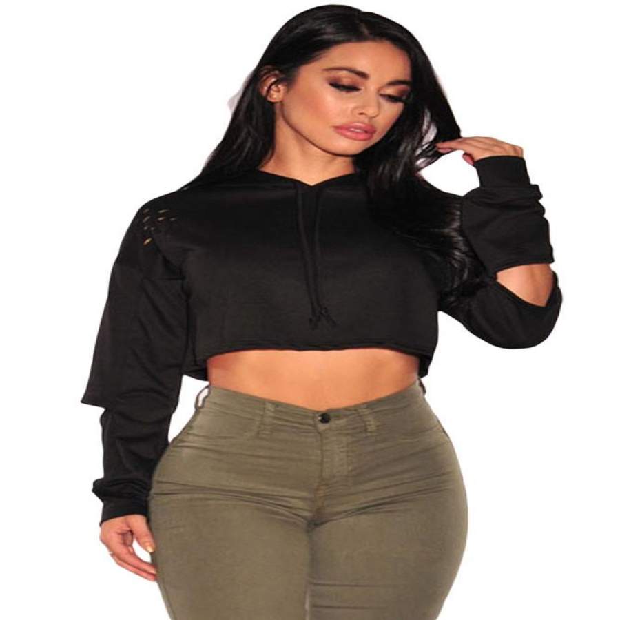 Spring Womens Fashion Top Femme Solid Black Ripped Hoodie Crop Top Long Sleeve Beach Sexy Sweatshirt