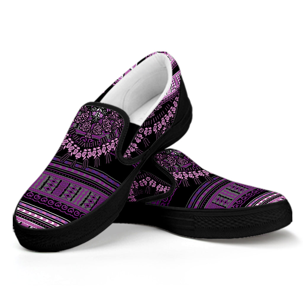 Purple And Black African Dashiki Print Black Slip On Shoes