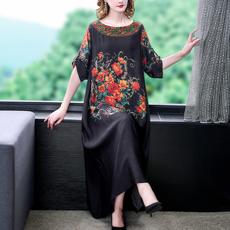 2022 Floral Mulberry Silk Maxi Dress Women Korean Vintage Casual Evening Dress Summer Elegant Loose Wasit Plus Size Party Dress alx