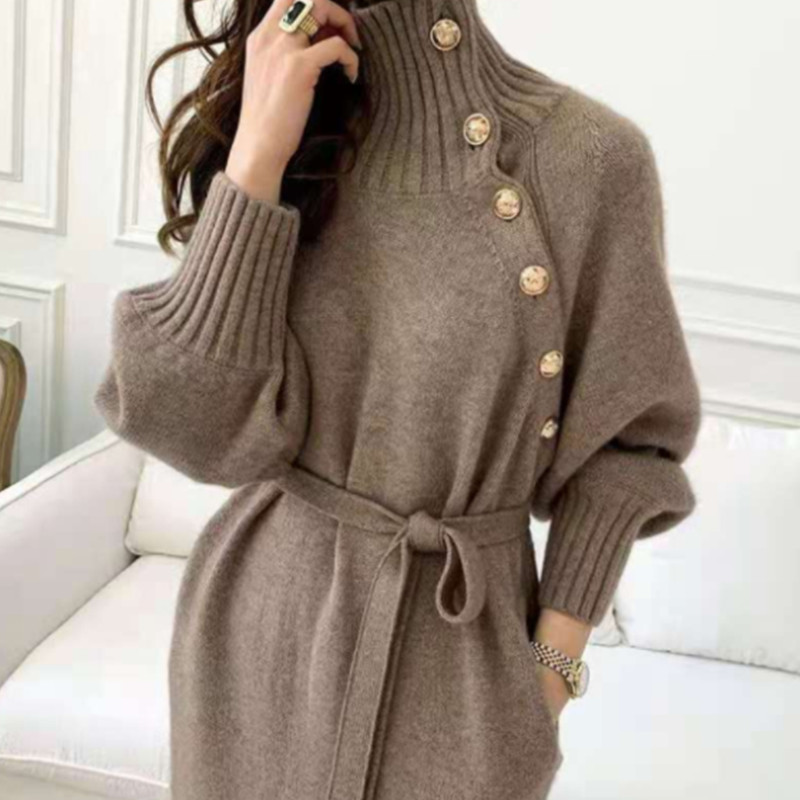 Women Sweater Dress Long Pencil Dress Winter Pencil Dress Loose High Neck Sweater Tie Waist Knit Dress alx