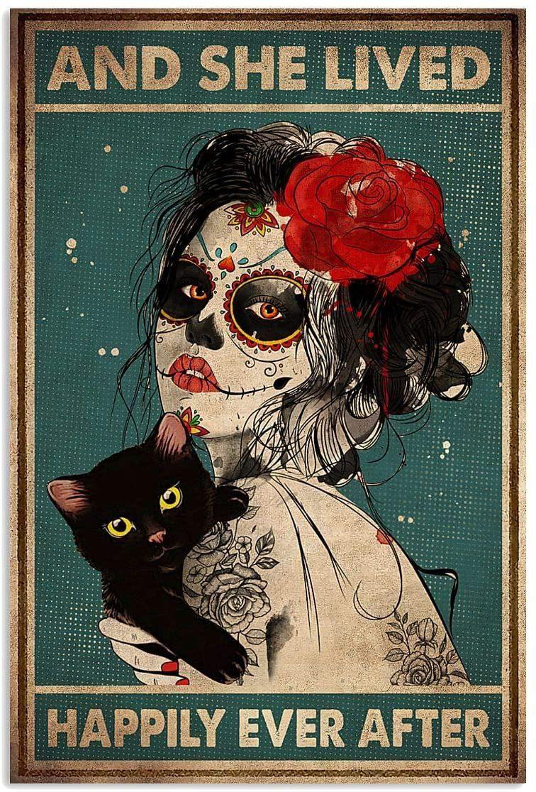 And She Lived Happily Ever After Black Cat Halloween Sugar Skull Tattoo Girl – Best Idea Gift For Beach Lover, Gift For Home Decor, Gift For Family – Horizontal Canvas Matte Canvas Wall Art