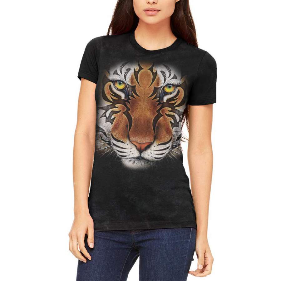 Tribal Tiger Face Juniors Soft T Shirt