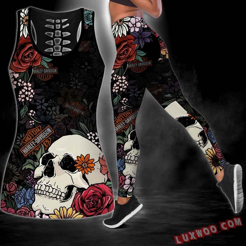 Combo Harley Davidson Skull Flower Hollow Tanktop Legging Set Outfit S1025