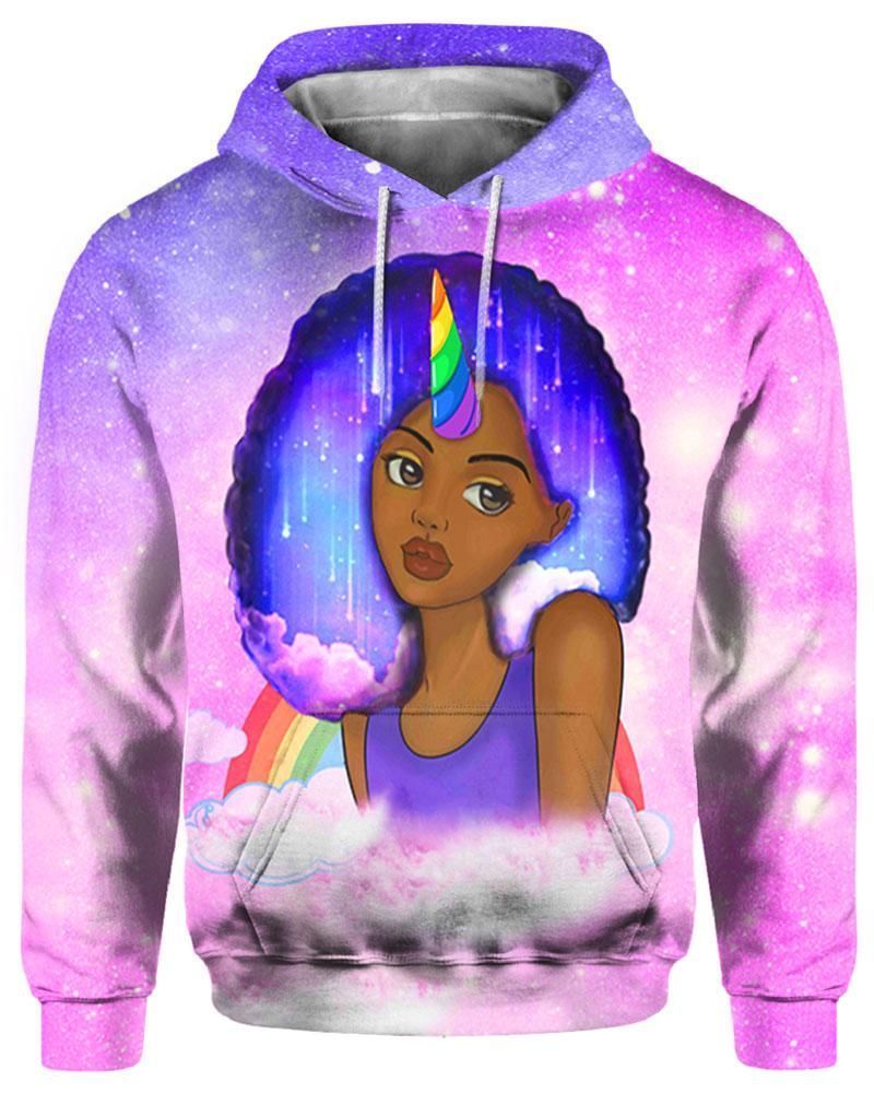 Pinky Afro Natural Unicorn Black Girl 3D Printed Sublimation Hoodie Hooded Sweatshirt Comfy Soft And Warm For Men Women S to 5XL CTC15011056