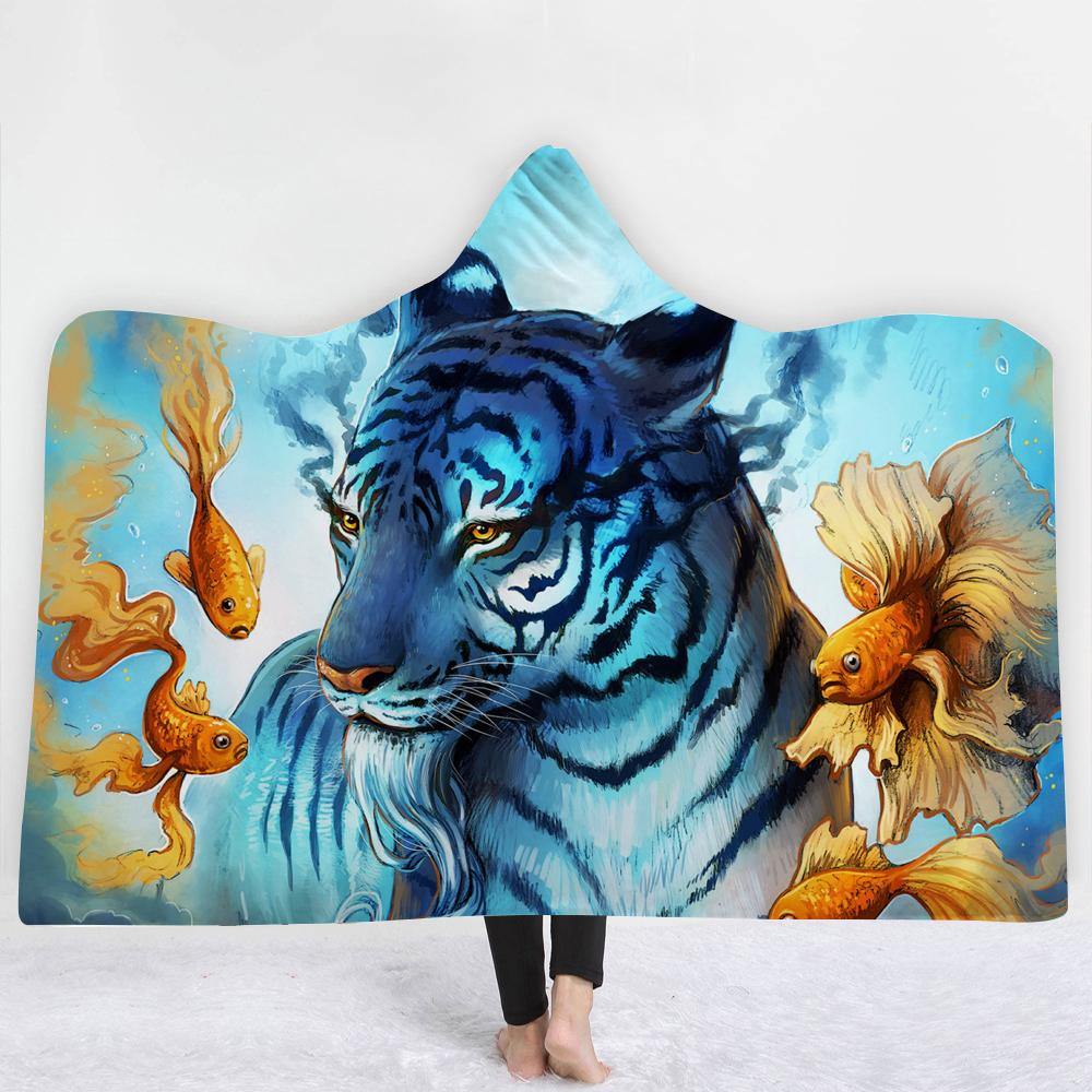 Courageous Blue Tiger Hooded Blanket Corethermax