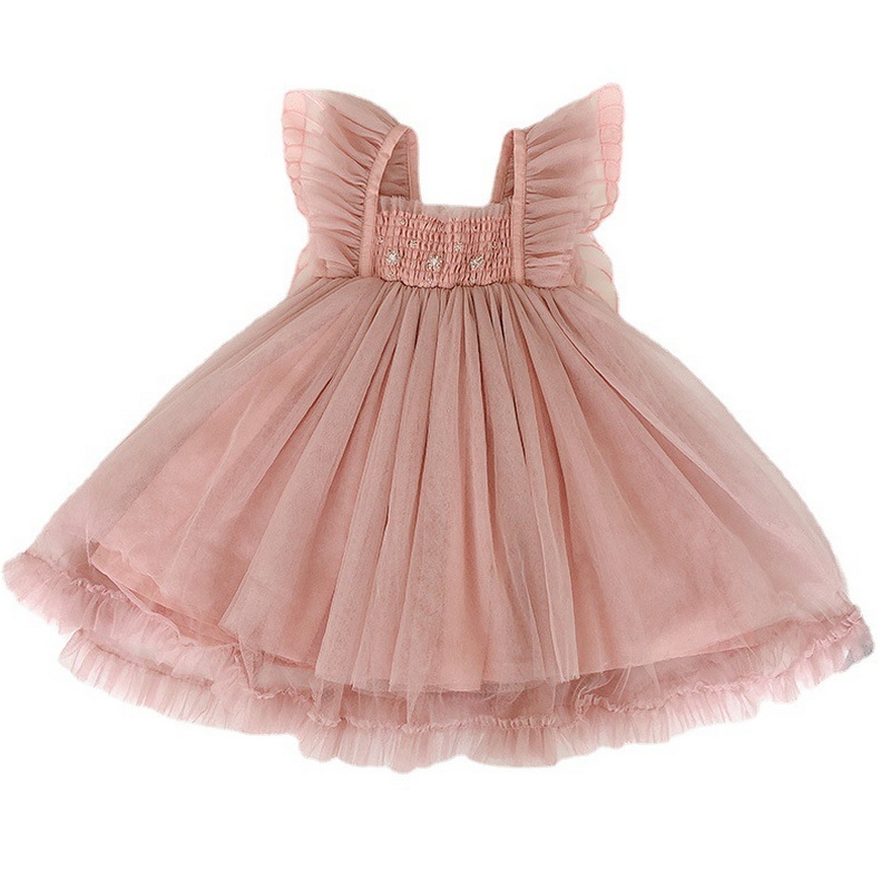 Summer Dress for Kid Girl Square Collar Short Flare Sleeves Pink Open Back Butterfly Style Mesh Dress Children Clothing E6314 alx