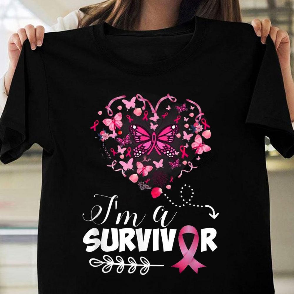 I’M A Survivor With Pink Ribbon And Butterfly Heart, Breast Cancer Shirts