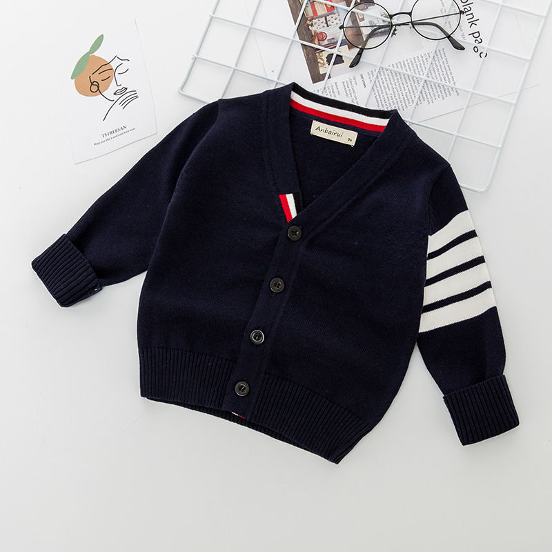 Children’s Clothing 2022 Spring and Autumn Children’s Striped Pure Cotton Cardigan Jacket Long-Sleeved V-neck Knitted Sweater alx