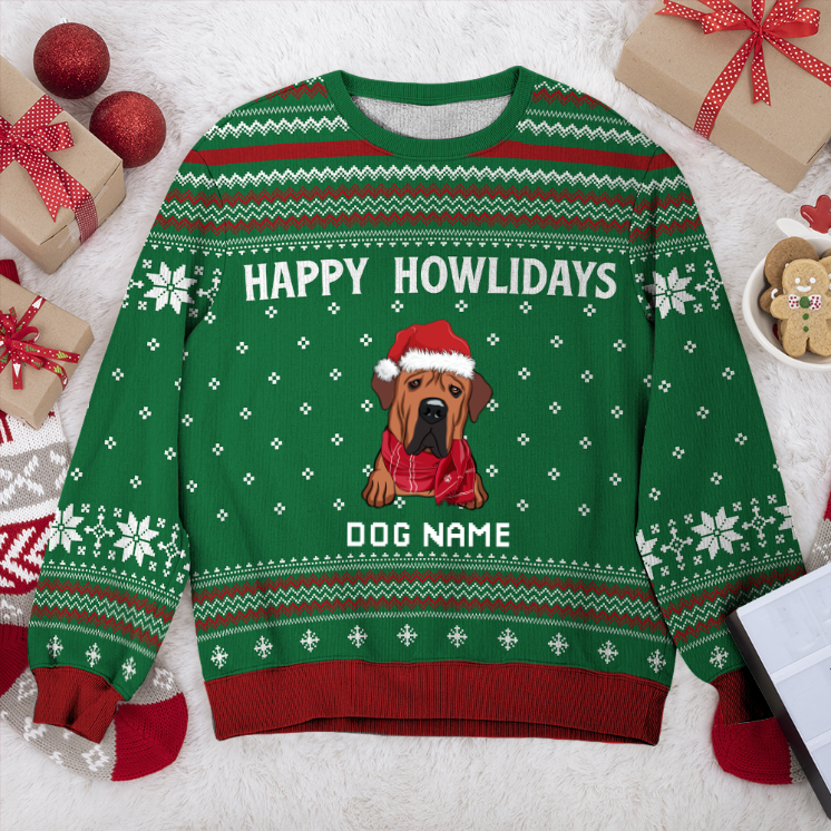 Tosa Happy Howlidays Personalized Sweater, Dog Ugly Christmas Sweater