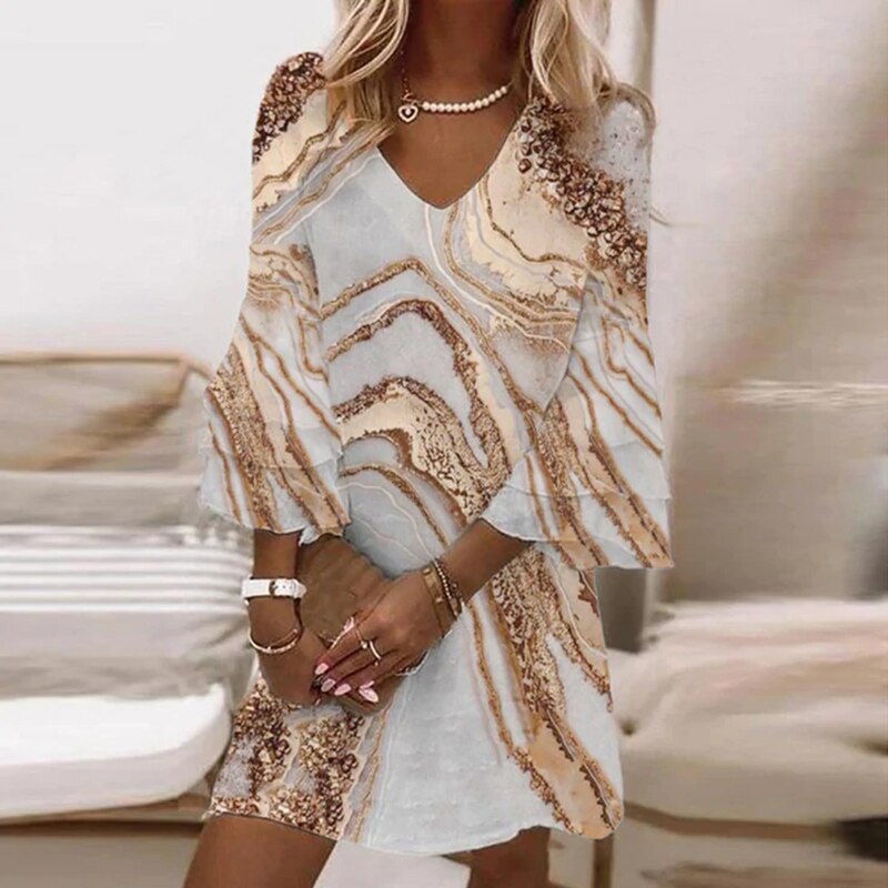 Women Flare Sleeve Mini Dress Summer Vintage Floral V-Neck Harajuku Ruffles Loose Dresses Elegant Beach Party Boho A-Line Dress alx