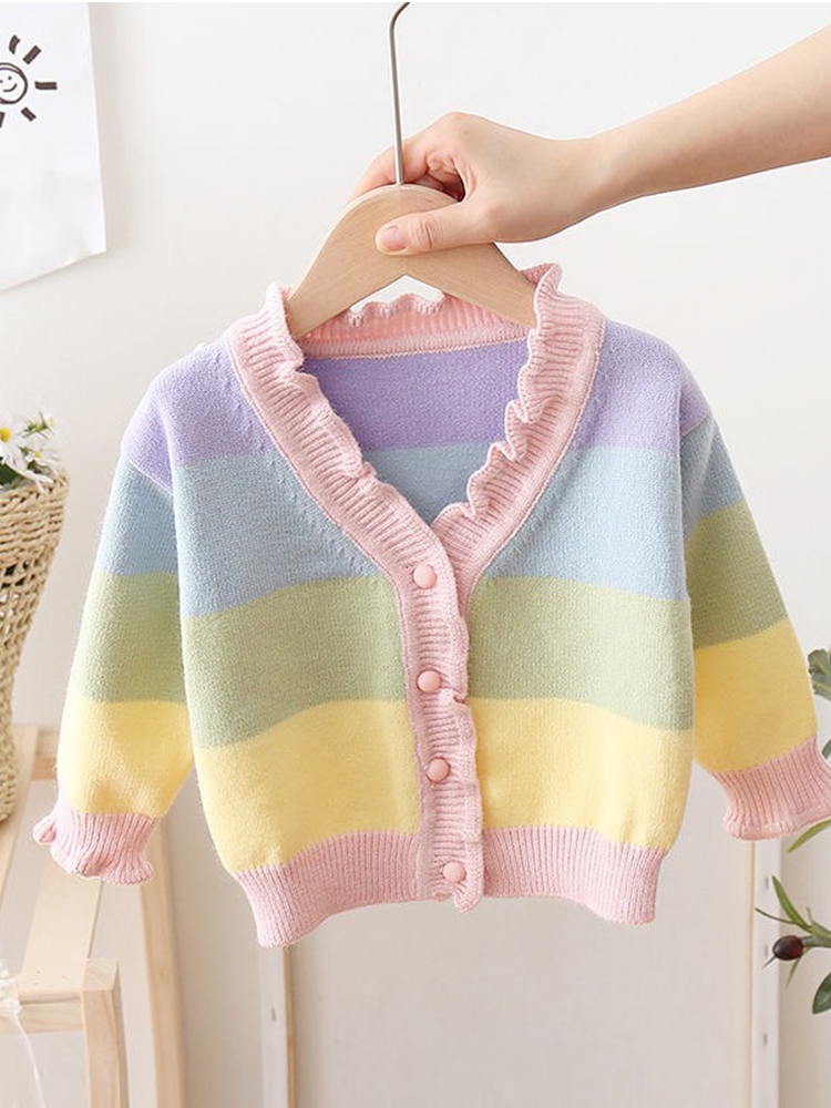 1-6 Years Old Girls Knitted Cardigan V-Neck Rainbow Striped Sweater Spring Autumn Casual Jacket Tops Children Outerwear alx