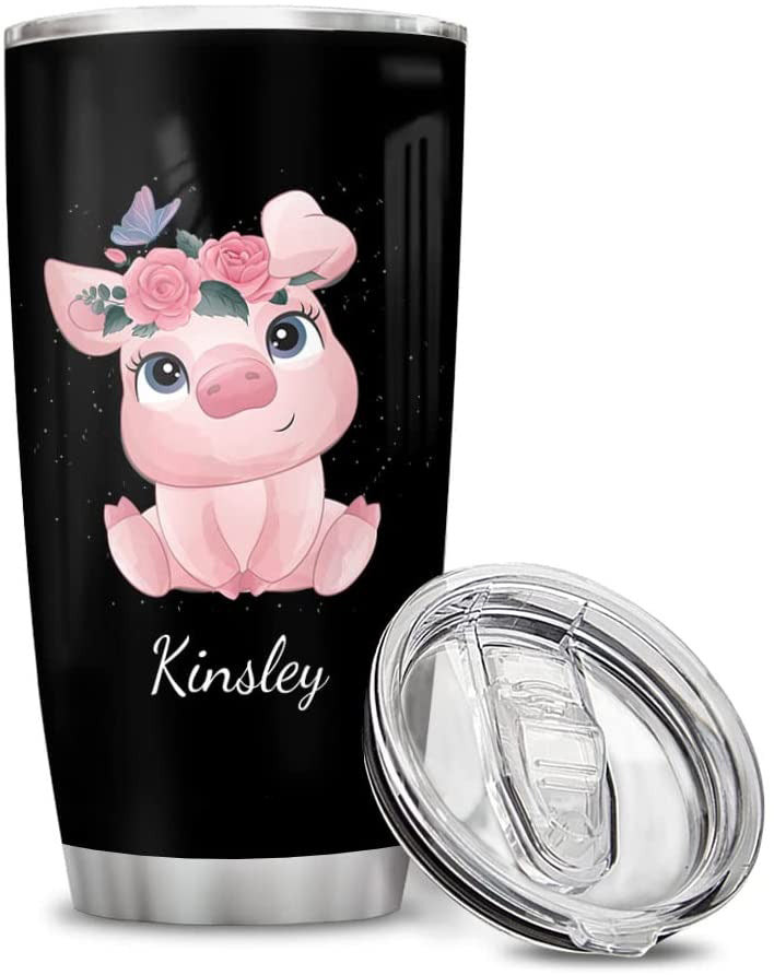 Personalized Pig Tumbler Cup With Lid 20 Oz 30 Oz Custom Name Stainless Steel Double Wall Vacuum Tumblers Coffee Travel Mug Birthday Christmas Gifts For Women Girls Kids Animal Lovers